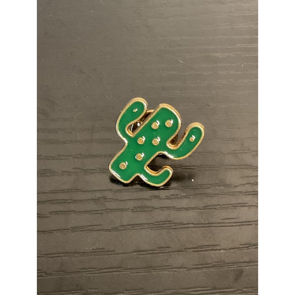 Cactus Shaped Enamel Pin Brooch Green & Gold Metal